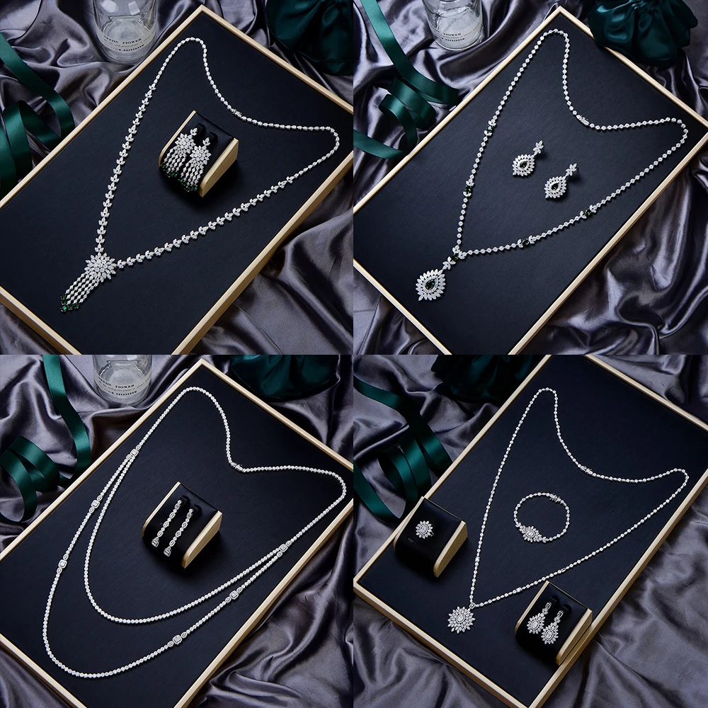 China Wholesale Dubai Ladies Long Chain Necklace Cz White Zircon Precious Stone Women 100% Fine 925 Sterling Silver Jewelry Sets