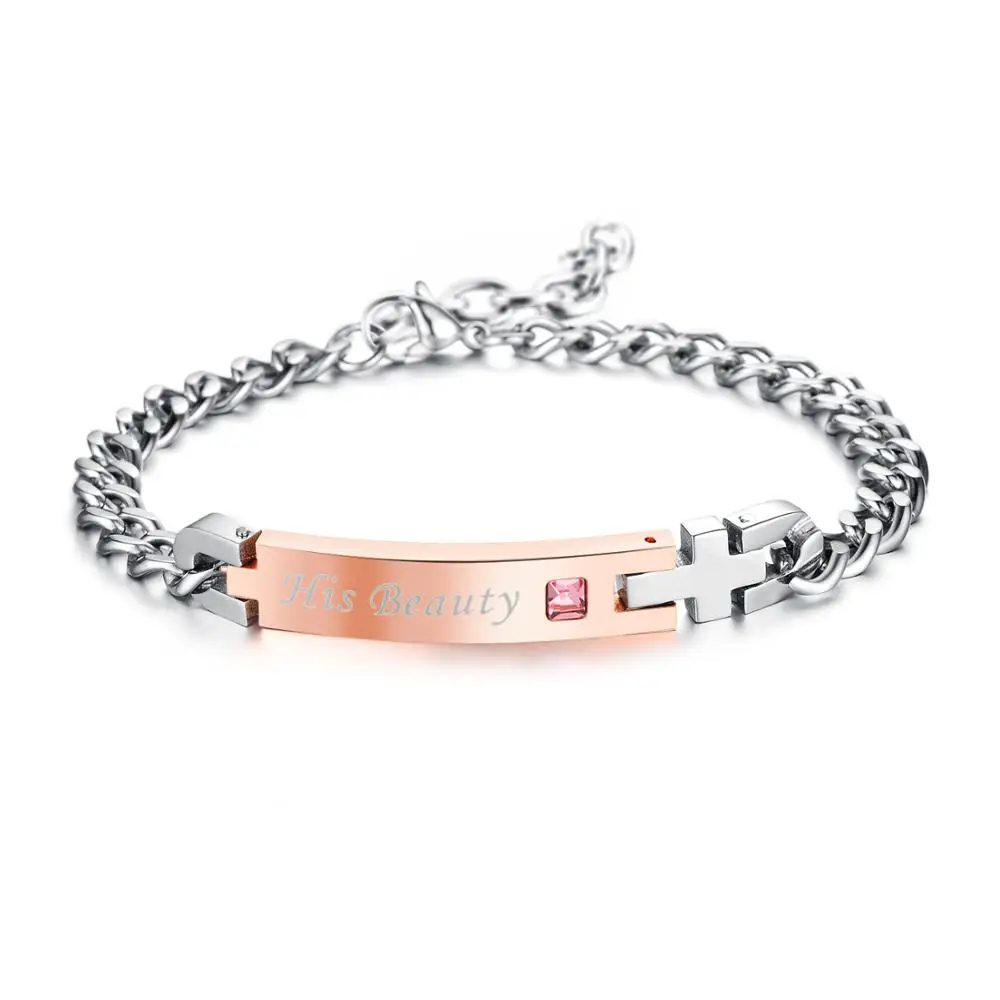 Stainless Steel Couple Jewelry Bracelet Her King Beast His Beauty True Love Lovers Promise Letter Chain Bracelet Charm Gift