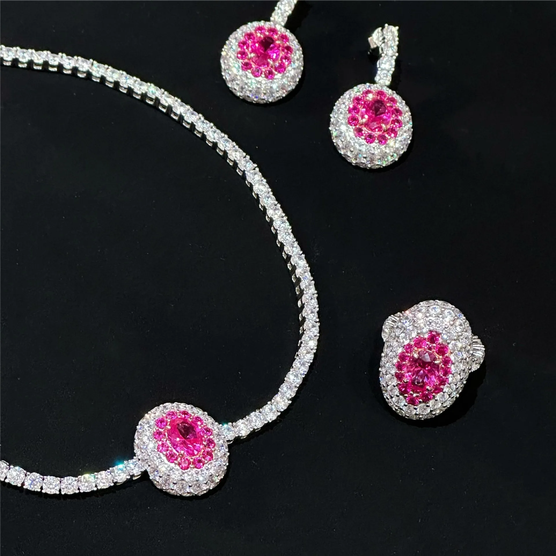 Neon dream light luxury full diamond red corundum necklace Fashion simple temperament rose red diamond ring earrings color