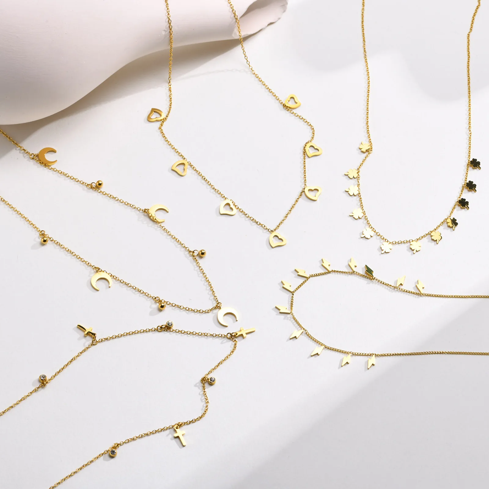 YICAI Dainty Stainless Steel Gold Cross Lightning Coin Necklaces for Women Stackable Heart Moon Charm Necklace