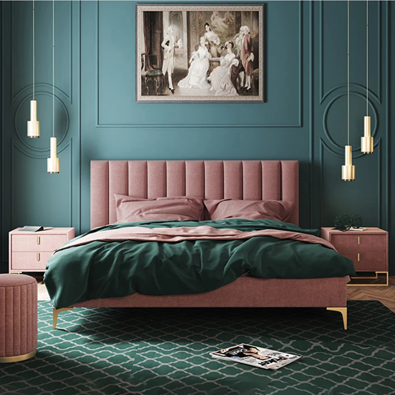 King size girls room leather double bed solid wood frame high quality bedroom furniture light luxury leather bed for master room