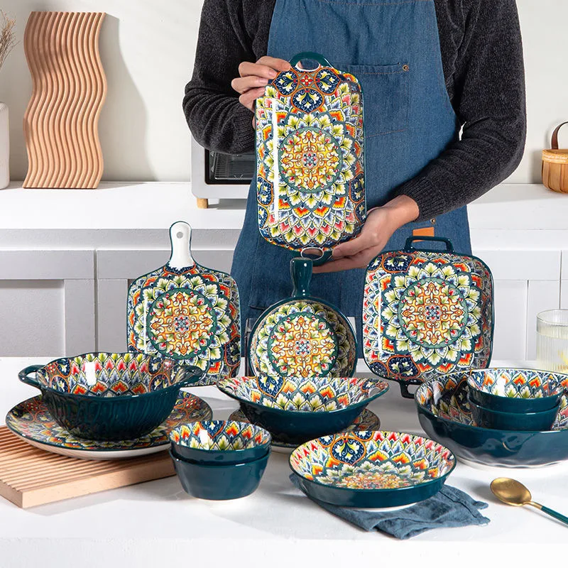 Microwave oven safety machine printing Morocco Bohemia style luxury ceramic dinner plates sets dinnerware for gift