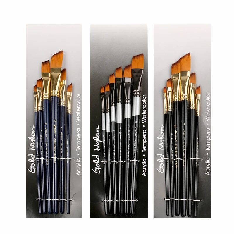 Giorgione 6 Pieces Angular Shape Nylon Hair Copper Ferrule Black Tip Wooden Handle Paintbrush set