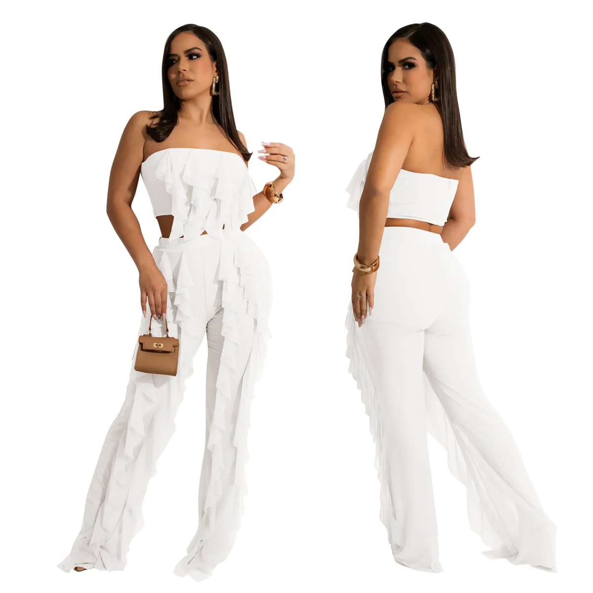 Women Off Shoulder White Black Tassel Jumpsuits Ruffle Rompers Solid Color Patchwork Slash Neck Playsuits Mesh