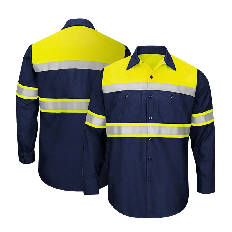 Mens Hi Vis Work Shirt Fluorescent Yellow Navy Cotton Workwear Short Sleeves Work Shirts