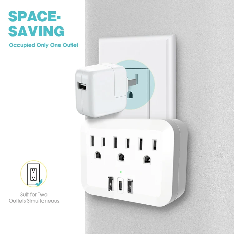 New Product Many 3 AC and 3 USB Wall Outlet Plug With Type C PD 18W US Standard Power Socket
