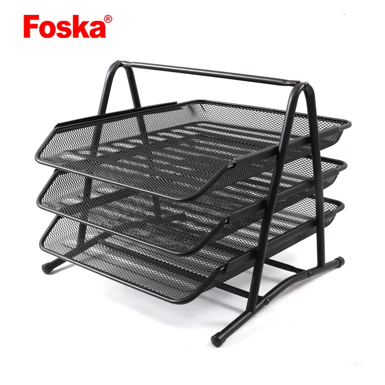 Strong Steel Black Silver Mesh Construction 3 Tier Stackable Desktop Document Letter Slide Tray Organizer for desk accessories