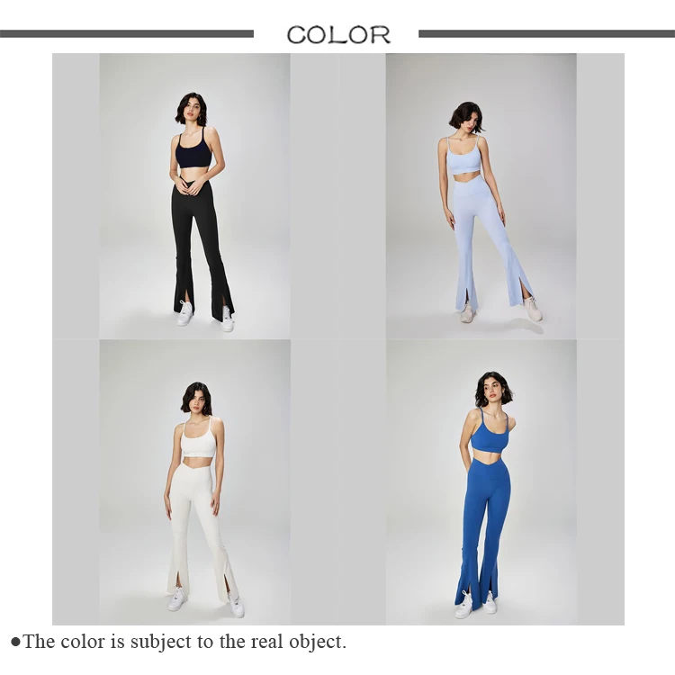 Wholesale High Impact U Neck Fitness Vest Sports Bra Crossover High Waist Split Yoga Flared Pants Leggings Seamless Yoga Set