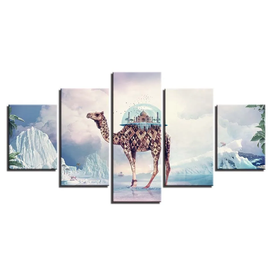 Modern Fashion Home Decoration Animal Oil Painting 5 panel Canvas Art Deer Giraffe Wall Poster For Living Room