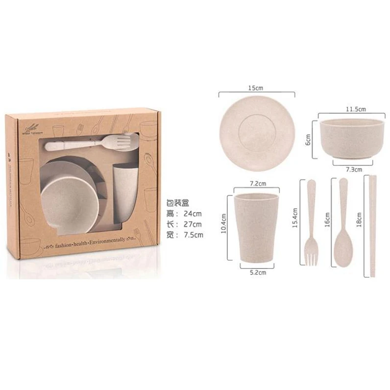 Unbreakable Bowls Wheat Straw Dinnerware Sets 6PCS Lightweight Kids Feeder Set