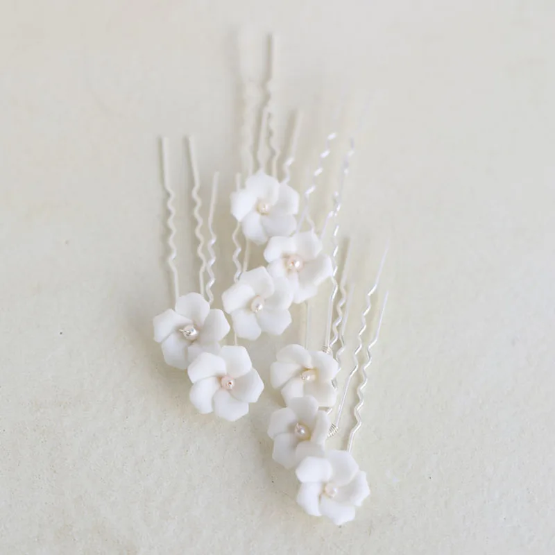 SLBRIDAL Handmade Porcelain Flower Freshwater Pearls Alloy Bridal Hair Pin Wedding Hair Sticker Women Jewelry Hair Accessories