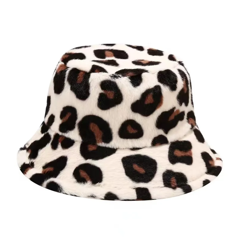 Custom Adult Kids Size Design Logo Fluffy Winter Soft Fuzzy Leopard Women grain Bucket Hat