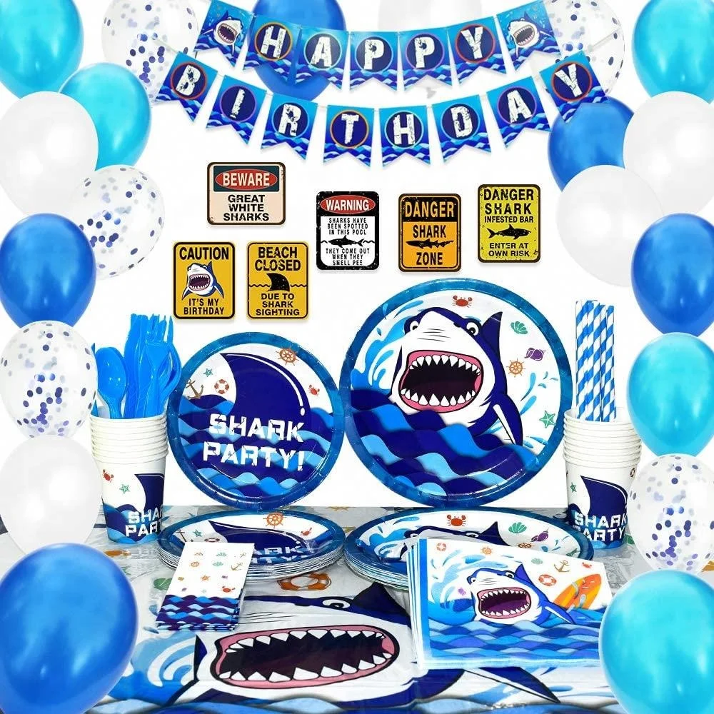 Shark Party Supplies Set - Blue Ocean Pool Party Decorations for Boys Kids Birthday Banner Signs Balloons Cutlery Bag