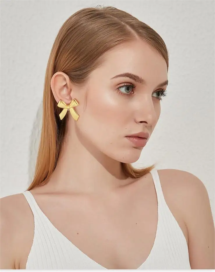 Custom Korean White Gold Plated Chunky Big Heart Shape Long Tassel Two Tone Brass Bow Stud Earrings Charm Dangle Earring Women