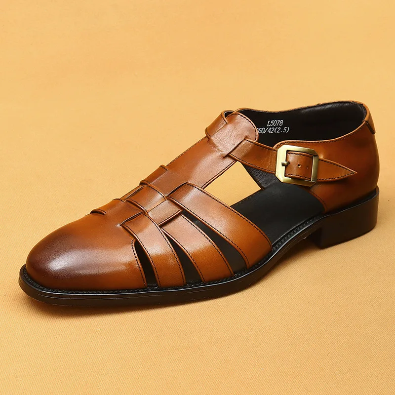 2024 new top layer cowhide summer business flat leather sandals belt men hollow casual beach roman sandals