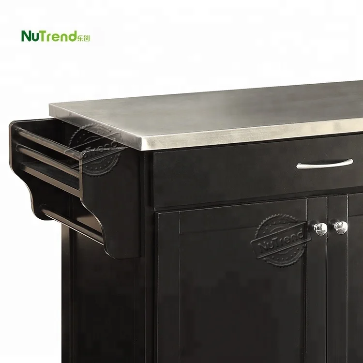Customized Stainless Steel Top Modern Black Design Wooden Kitchen Cart with Drawer Mobile Storage Cabinet Trolley with Wheels