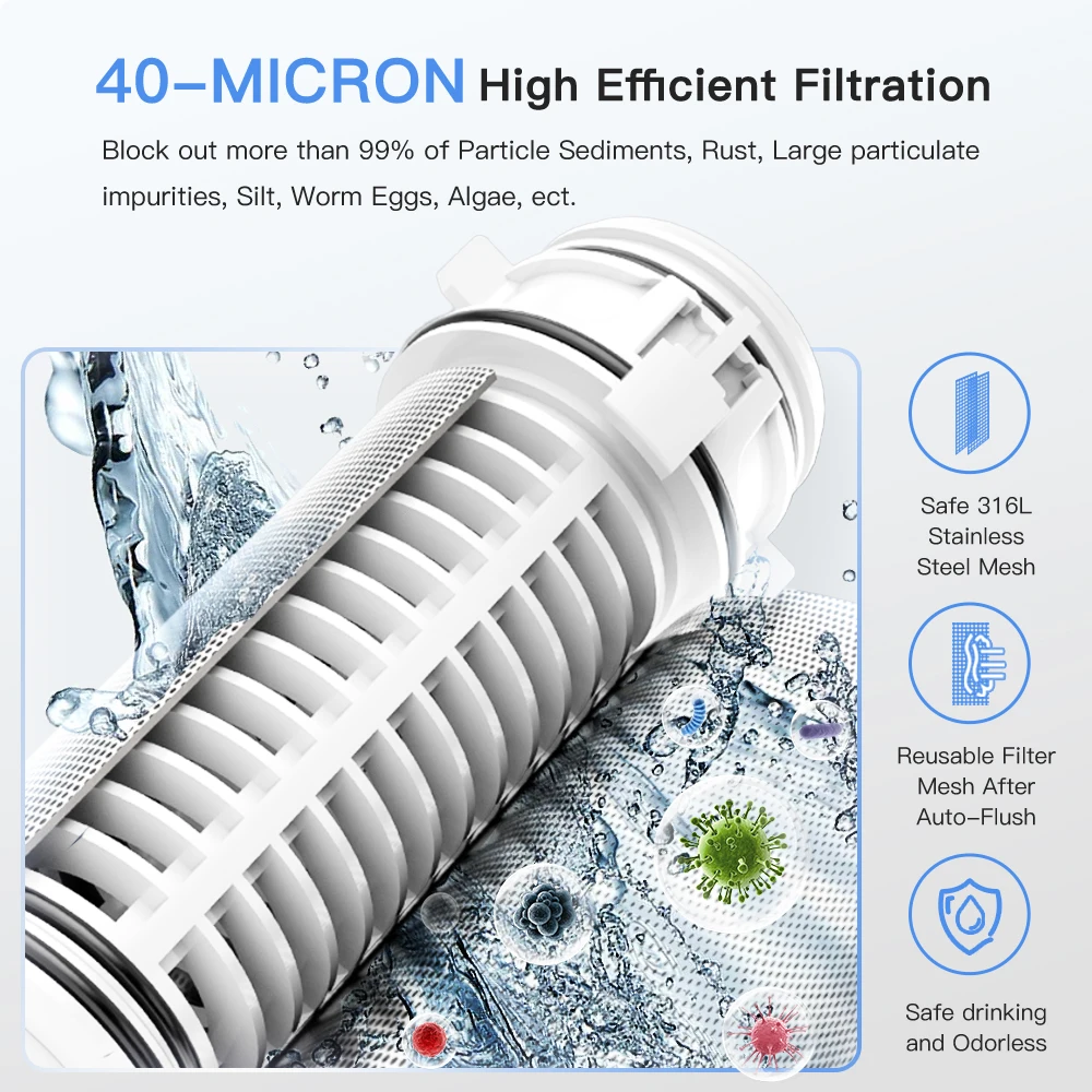 Intelligent Pre Filter Manual Household Time Memory Water Purifier for with No-replacement 316 Stainless Steel Filtration Mesh
