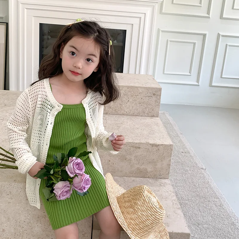 2023 Toddler Children Girl Summer Knit Hollow Beige Think Cardigan Sweater 2-8 Years