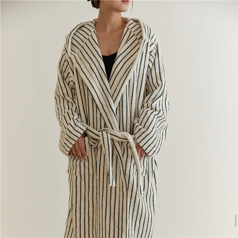 Oeko tex 100 long mens dressing gown luxury bathrobe soft absorbent stripe cotton terry robe with hood