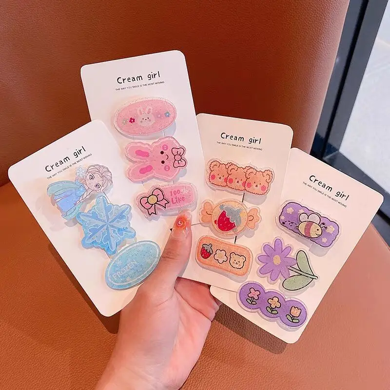 KHC165D Cute Kids Cartoon Hairpins Multi-style Transparent Acrylic Candy Color Cartoon 3-piece Packed Alloy Hairpins For Girls