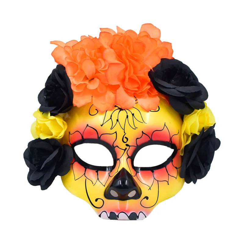 New Horror Half Face Mask Halloween Anonymous Masquerade Yellow And Black Flower Costume Props For Day Of The Dead