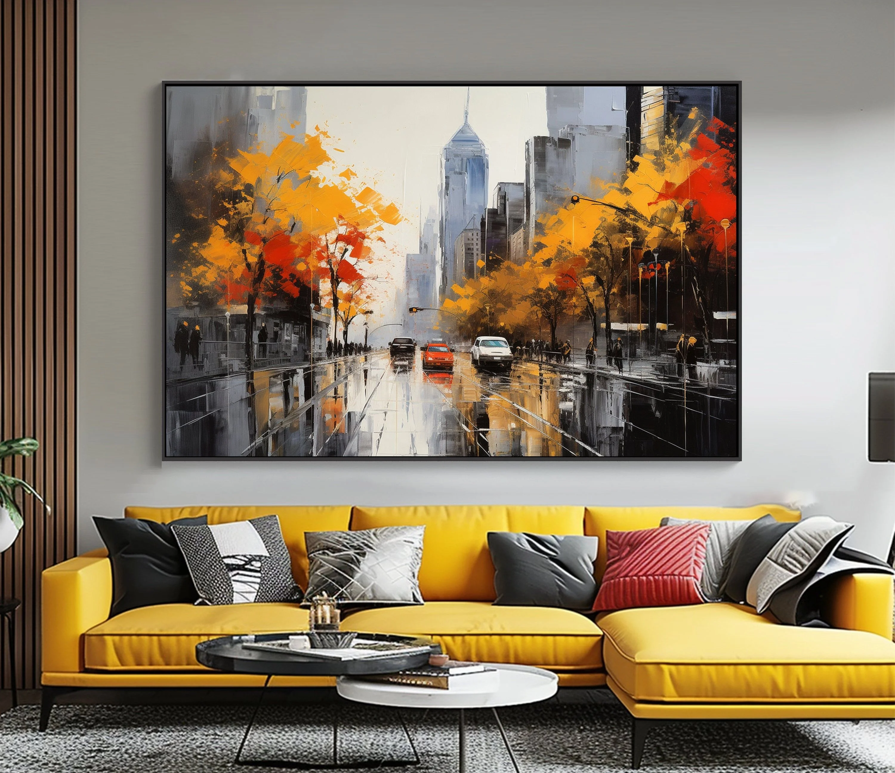 Handpainted City Landscape Abstract Oil Painting on Canvas Thick Texture Home Decor Wall Art Picture with Frame