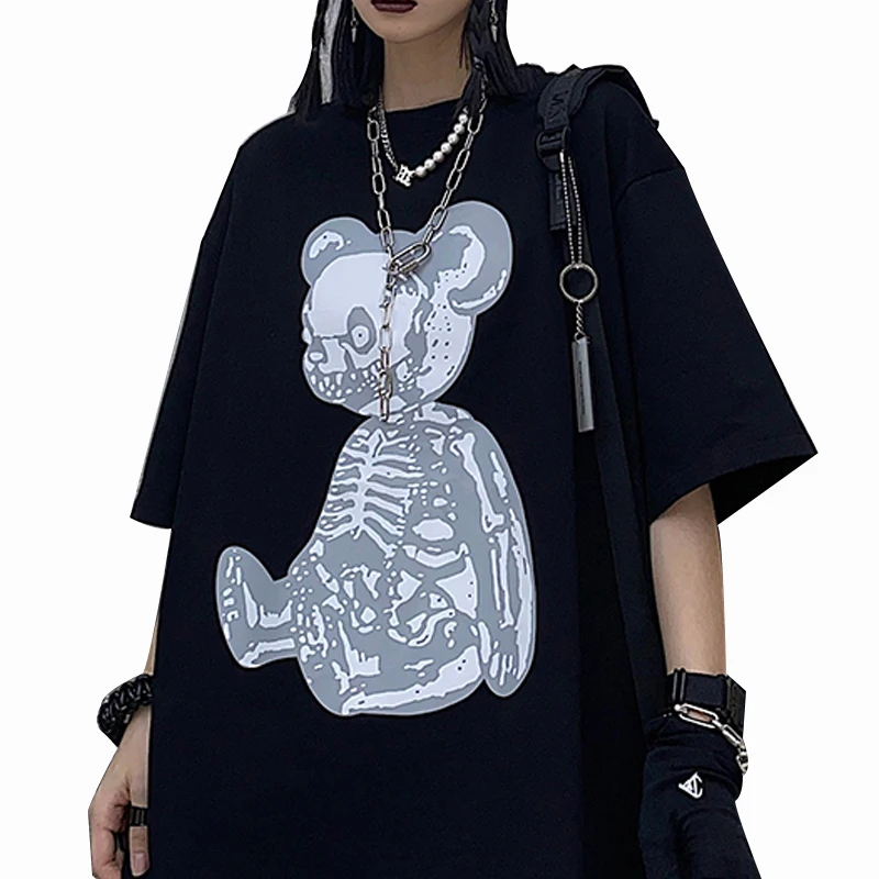 Bear print horror  punk hip hop tops cartoon ulzzang Casual dropshipping vintage women short sleeve t-shirt  summer