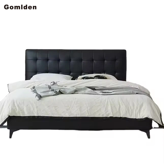 Traditional Retro Style Black Grid Natural Genuine Leather Soft Bed For Bedroom