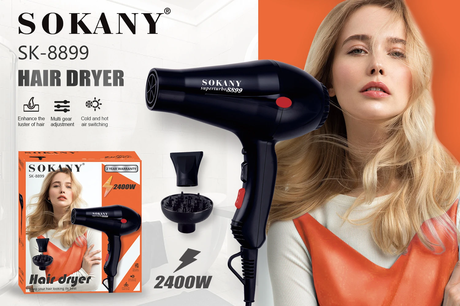 Sokany 2000W Strong Power 2 Speeds And 2 Heating With Concentrator Professional Hair Dryer