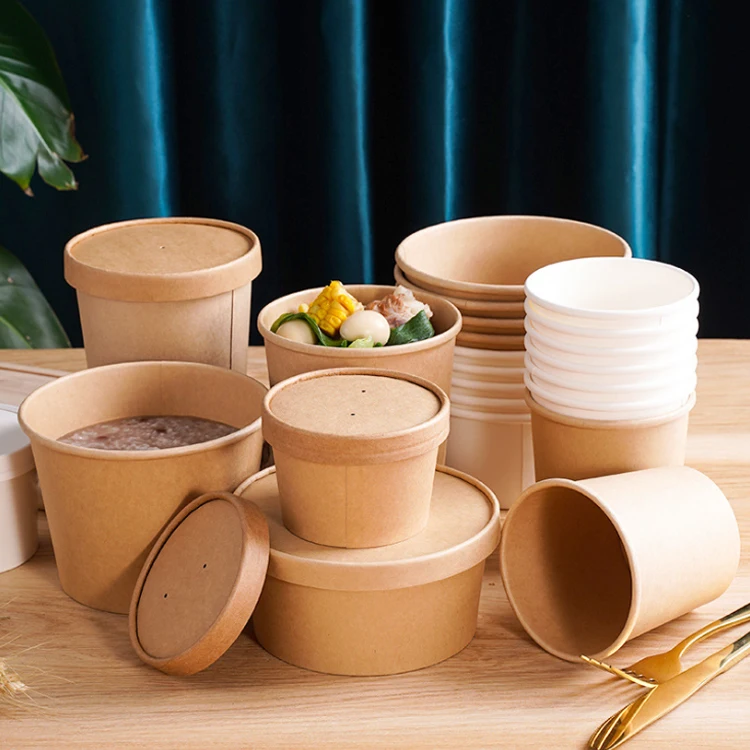 Eco Friendly Disposable takeaway food container 9 oz Kraft Paper noodle bowls Hot Soup Cups With Paper Flat Lid