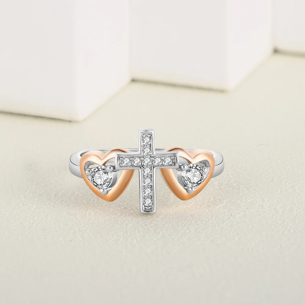 Customized 925 Sterling Silver 14K Gold Plated Pink Infinity Heart Cubic Zircon Cross Finger Ring Two Tone Rings Jewelry Women