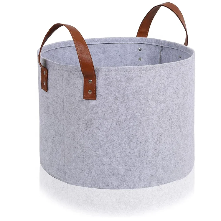Portable foldable felt laundry basket with leather handle