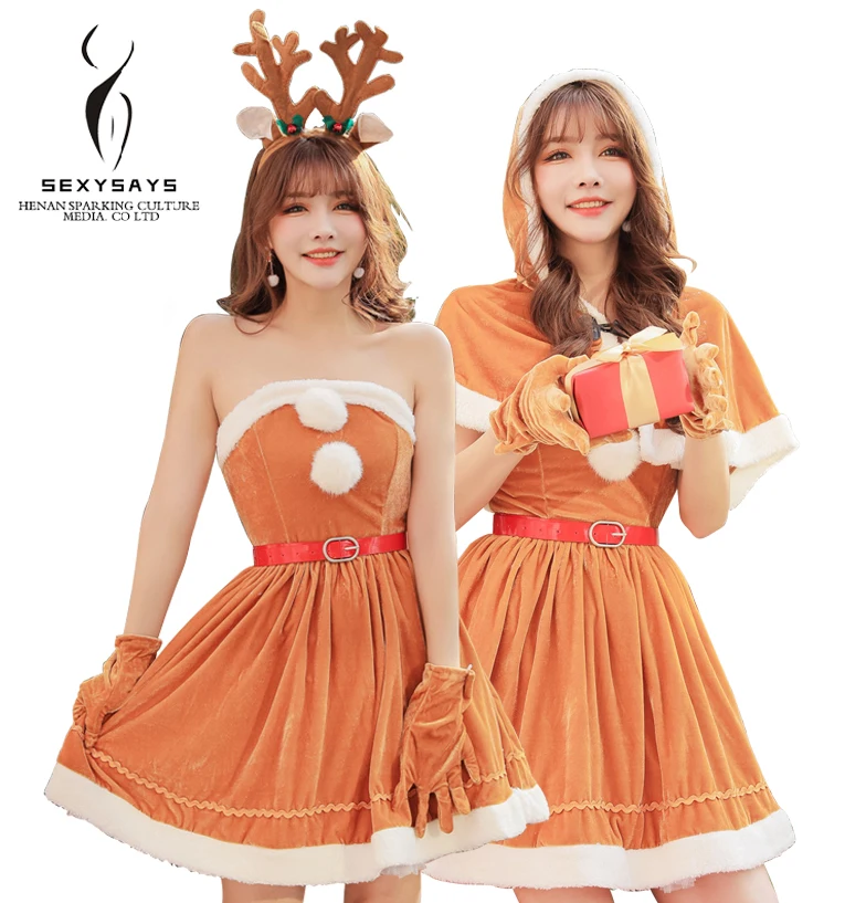 Лидер продаж, чудесная мягкая форма в стиле babydoll, Рождественский косплей-костюм для вечеринки, сексуальное рождественское платье без бретелек для девочек