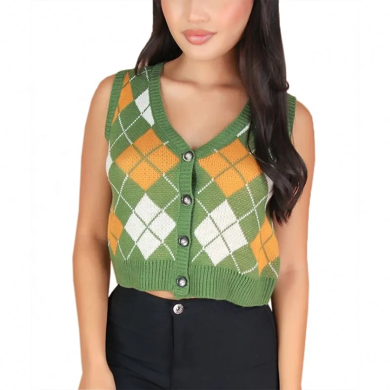 2024 SS Wholesale Customized Knitwear Checker Knit Cotton Sweaters V Neck Color Block Women Sweater Vest Cardigan