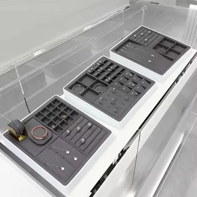 Jinsky gray microfiber jewelry counter display set movable jewelry small tray ring earring necklace trays