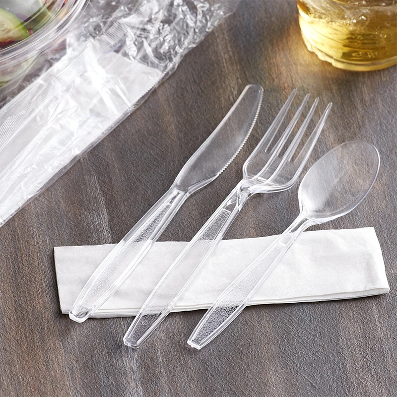 Heavy Weight Black Wrapped Disposable Plastic Cutlery Set With Napkin