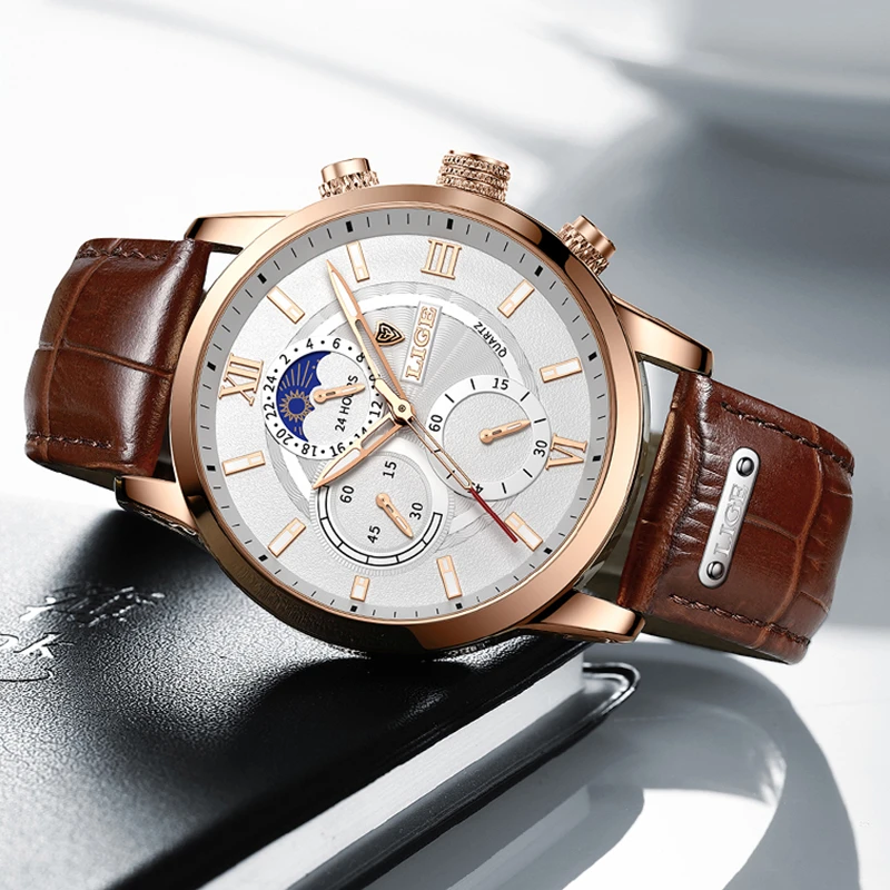 LIGE  Men Casual Quartz Watches Clock Leather Waterproof Chronograph Date Watch + Gift Box