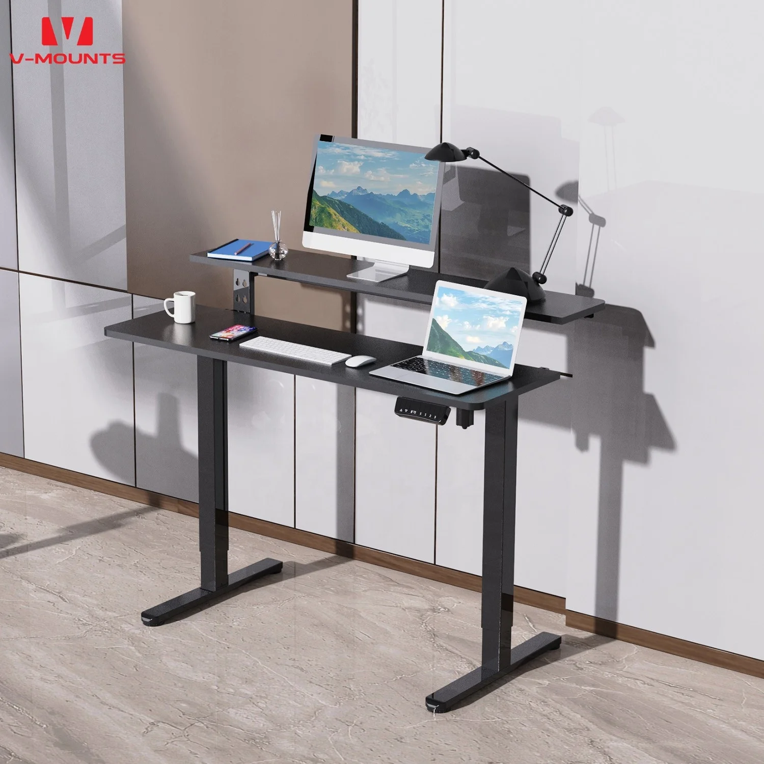 V-mounts Ergonomic electric standing desk for office with Dual-layer platform design JSD5-01-DS