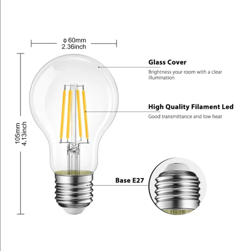 Оптовая продажа на заказ A60 E27 2200K 2700k 4000k 120v 230v Edison прозрачная декоративная лампа накаливания