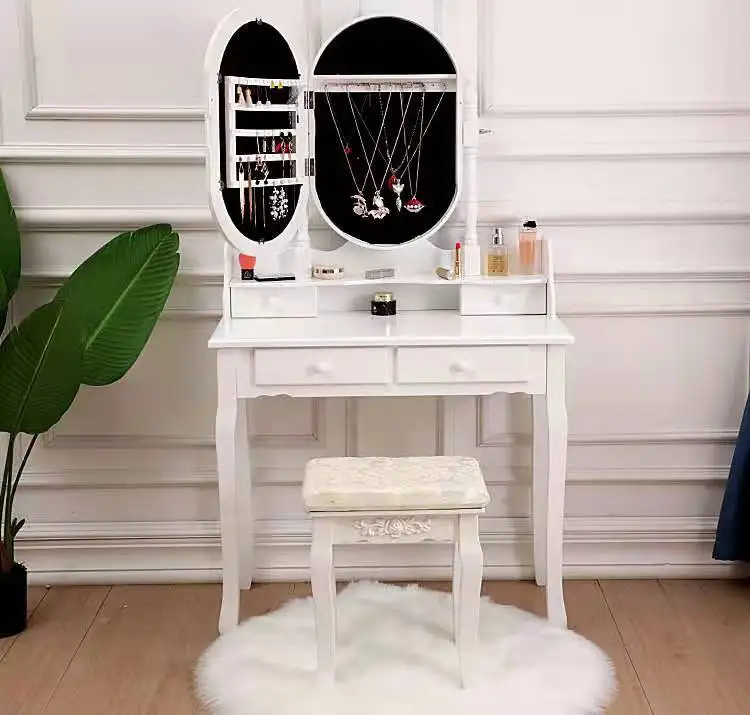 Makeup Dressing Table with Jewelry Organized Cabinet and Cushioned Vanity Stool