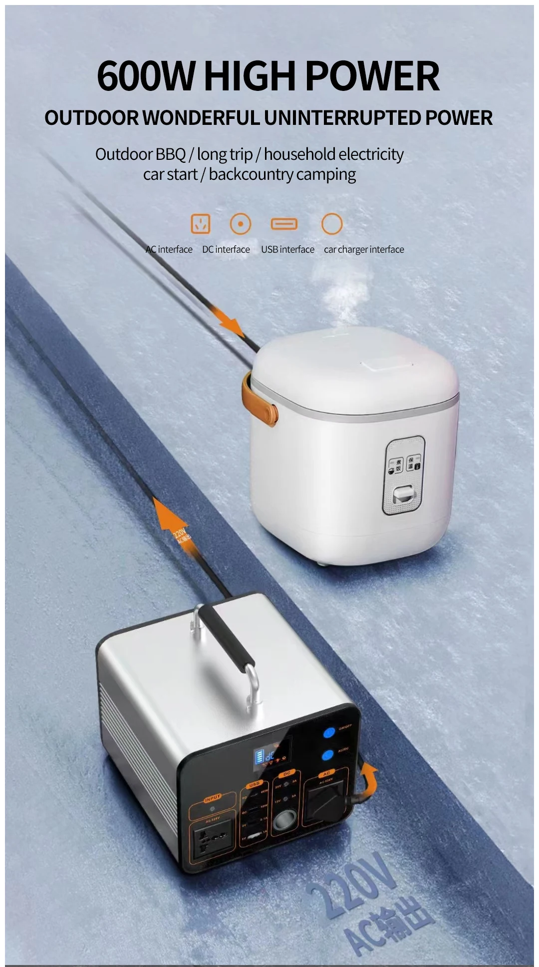 Portable Power Station 600W  500WH Solar Generator 110V Pure Sine Wave AC Outlet Backup Lithium Battery