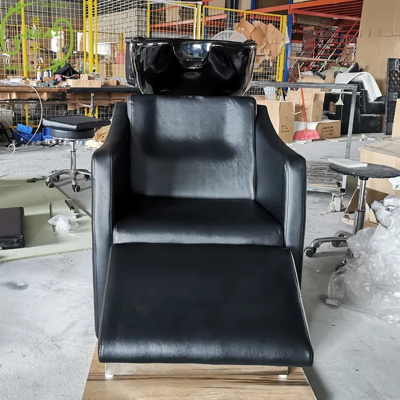Foshan Great Factory Best Quality Black Reclining Washing Sink And Footrest Control Salon Shampoo Chair Hairdressing Basin