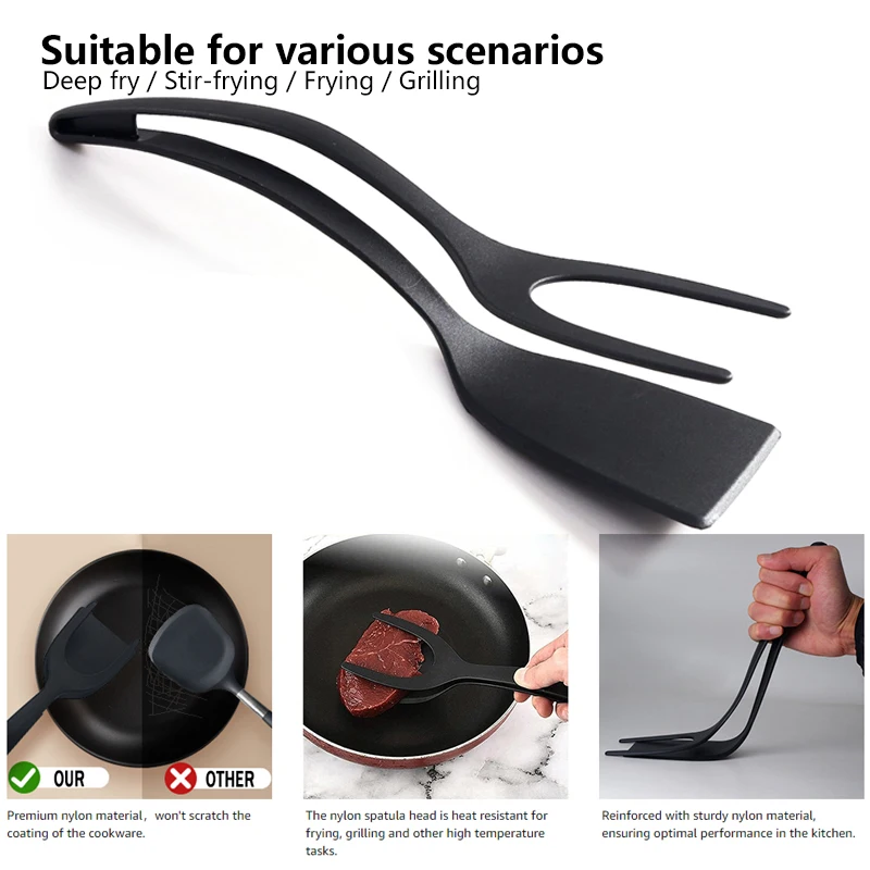 Kitchen Items Bread Clamp Barbecue Shovel Tongs Egg Steak  Nylon Grip Flip 2 in 1 Spatula