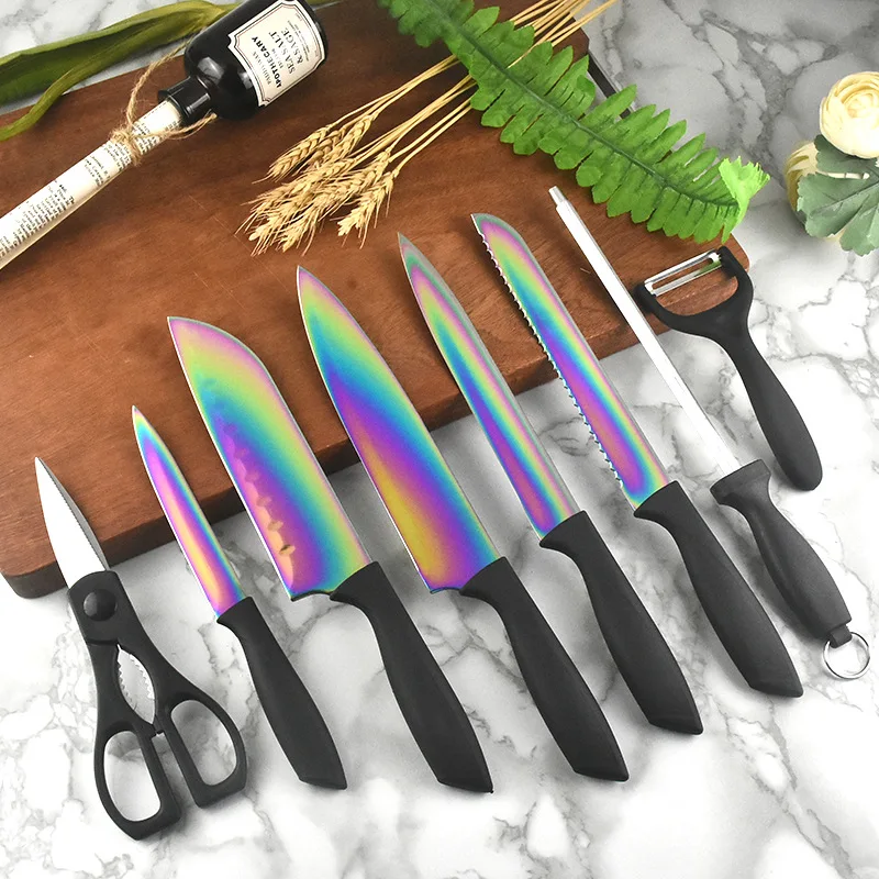Colorful 16 PCS Plating Titanium Kitchen Chef Knives Set With Acrylic Knife Block PP Soft Touch Handle Kitchen Knife