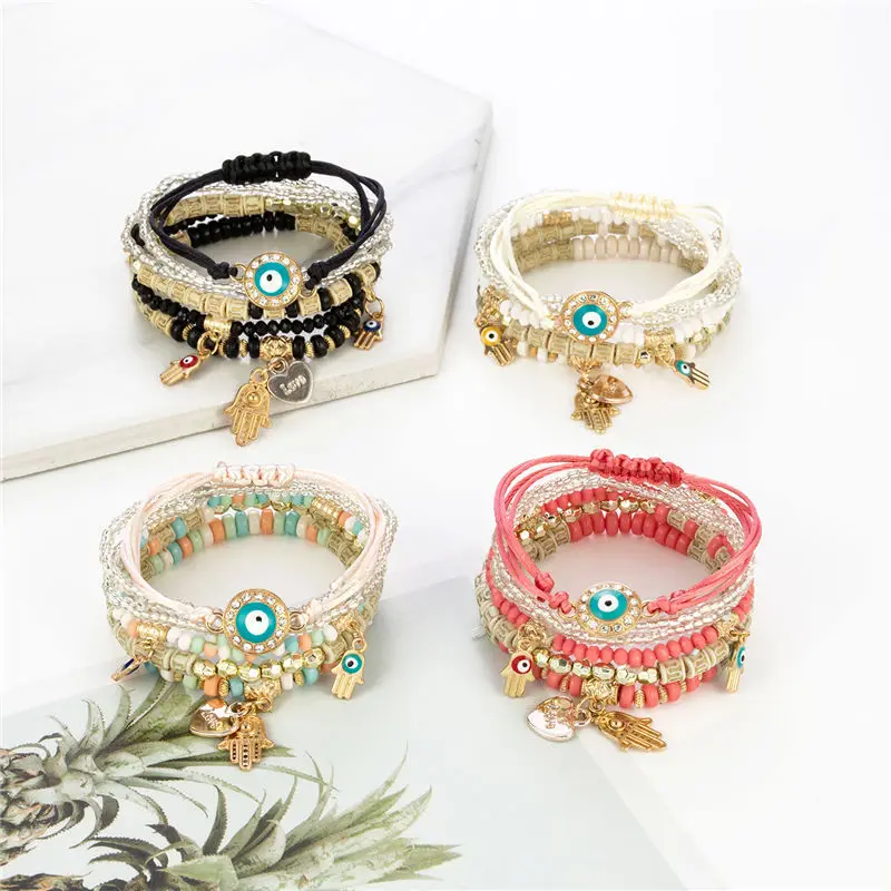 boho miyuki seed bead bracelets set jewelry multi layer gold plated hamsa hand evil eye bracelets for women