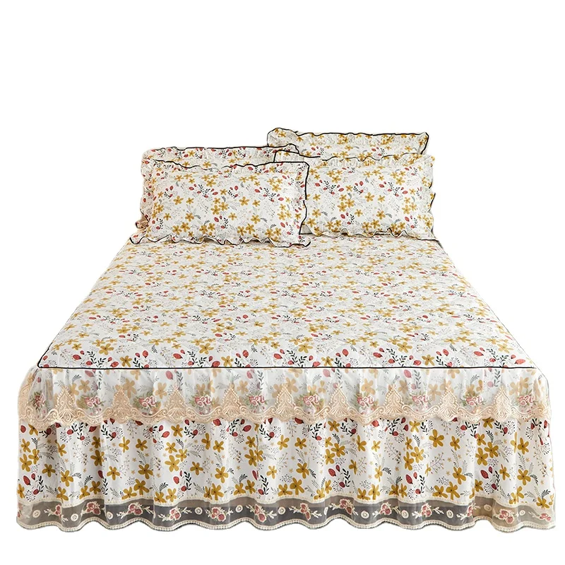 Palace style small floral cotton lace bedspread bed skirt sheet set quilted thick cotton bed cover bed skirt
