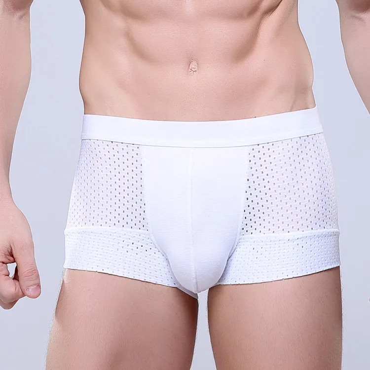 New Mens Sexy Underwear Ice Silk Hollow Breathable Mesh Boxer Briefs