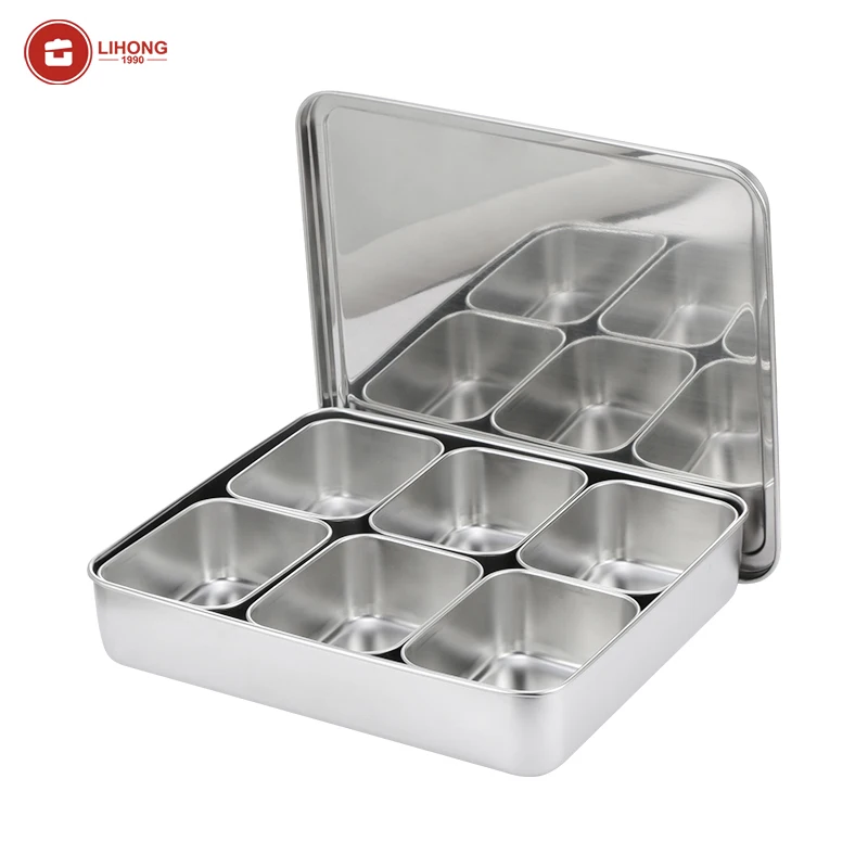 Kitchen 201/304 Stainless Steel Organizer Storage Seasoning Boxes Set Japanese-style Food Display Box with Lid