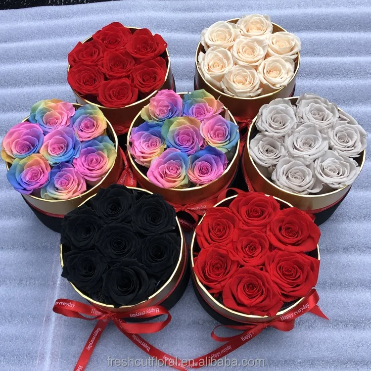 2022 New products ideas Wholesale fresh flowers Preserved Eternal Forever Stabilized rose in Round box with Gold paper for Decor