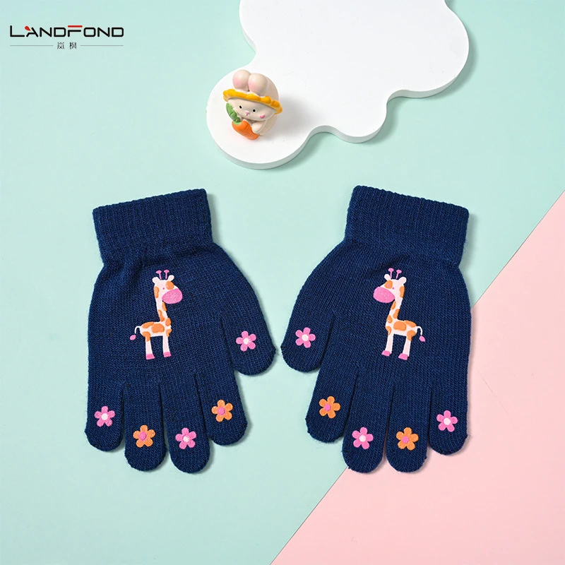 MIO Cute Cartoon Winter Gloves for Kids Soft Warm Acrylic Knitted Stretch Mittens Magic Animal Pattern Daily Cycling Fishing